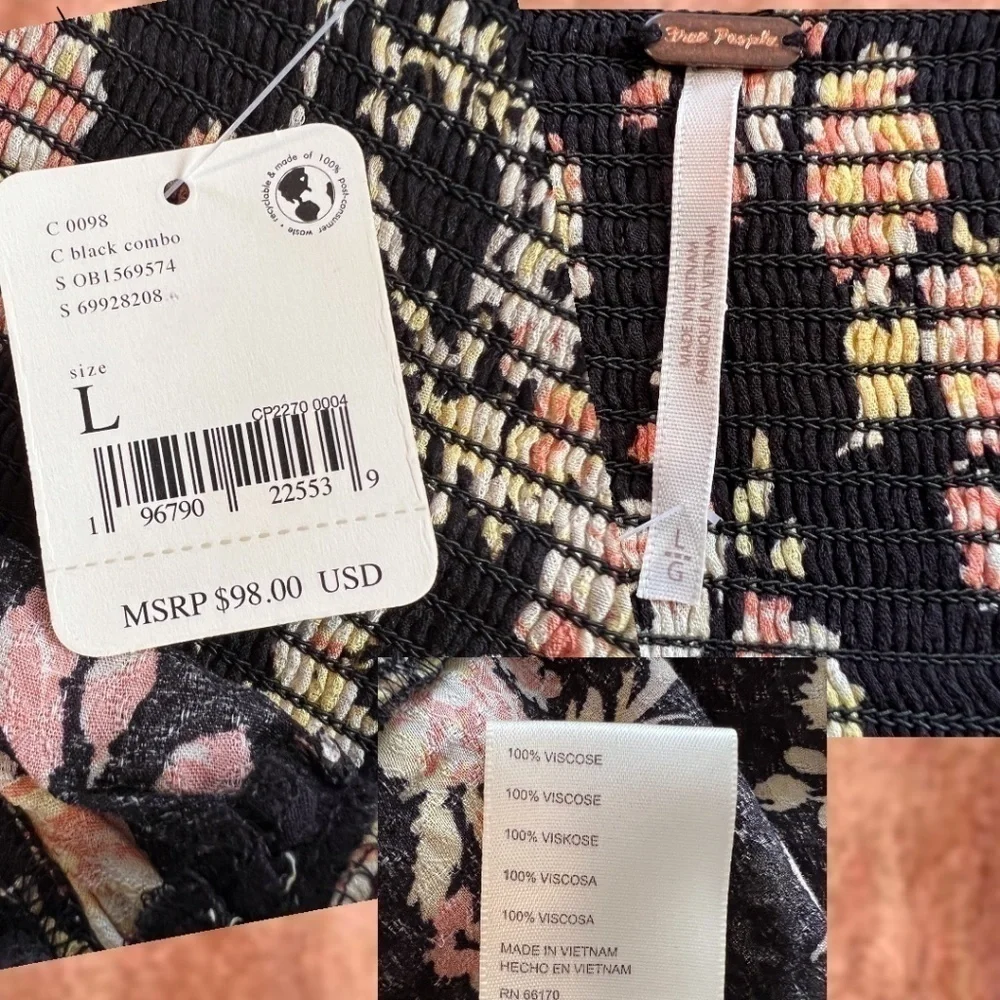 FREE PEOPLE Hilary Square-Keyhole-Neck Long Sleeve Ruch-Smock Details Top Lg